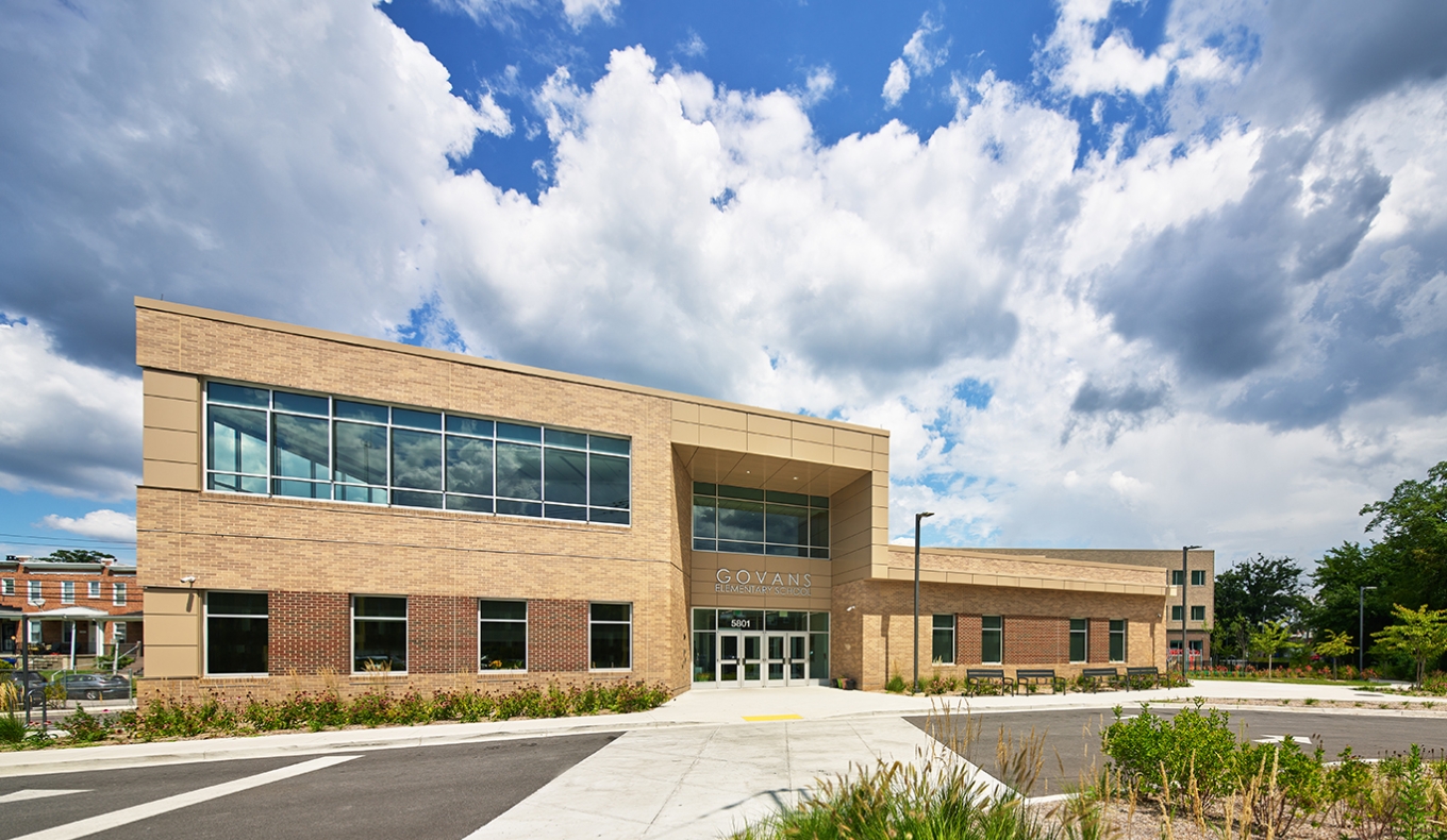 Front entrance to the new modern Govans Elementary Building.  